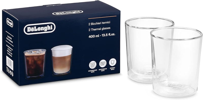 De'Longhi مجموعة نظارات حرارية مزدوجة الجدار من دي'لونجي، 2 قطعة، 400 مل، زجاج بوروسيليكات مصبوب يدويًا، معزولة حراريًا، خالية من التكثف، آمنة في غسالة الصحون والميكروويف - DLSC318 - Image 1
